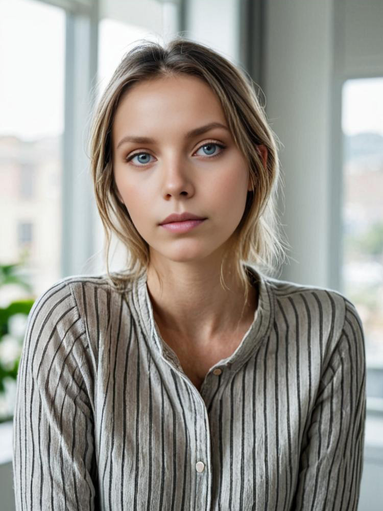 Woman in Earth-Tone Striped Shirt