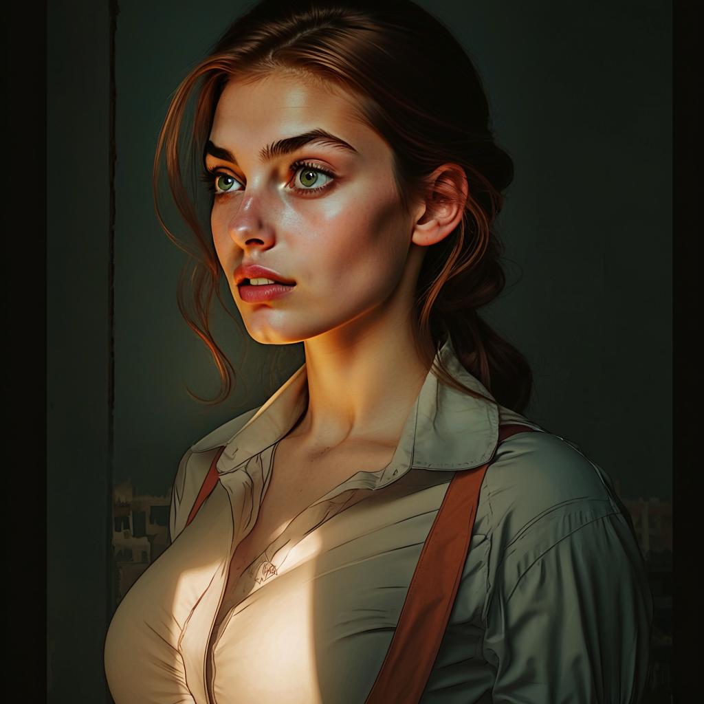 Portrait of Thoughtful Woman in Natural Light Wearing Cream Shirt and Suspenders Portrait of Thoughtful Woman in Natural Light Wearing Cream Shirt and Suspenders