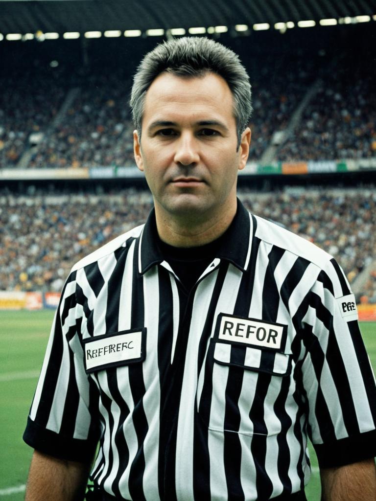 Man in Classic Referee Costume Photorealistic Outdoor Portrait in Stadium