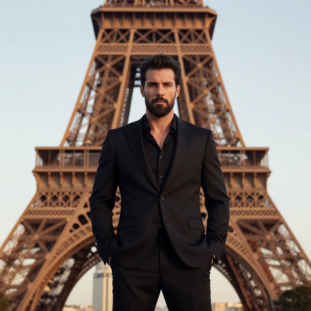 Confident Man in Black Suit Posing at Eiffel Tower Paris