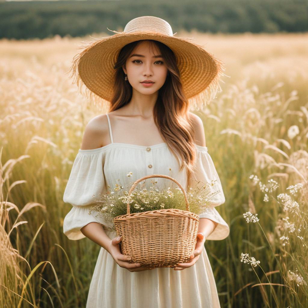 Young Woman in Straw Hat with Wildflowers