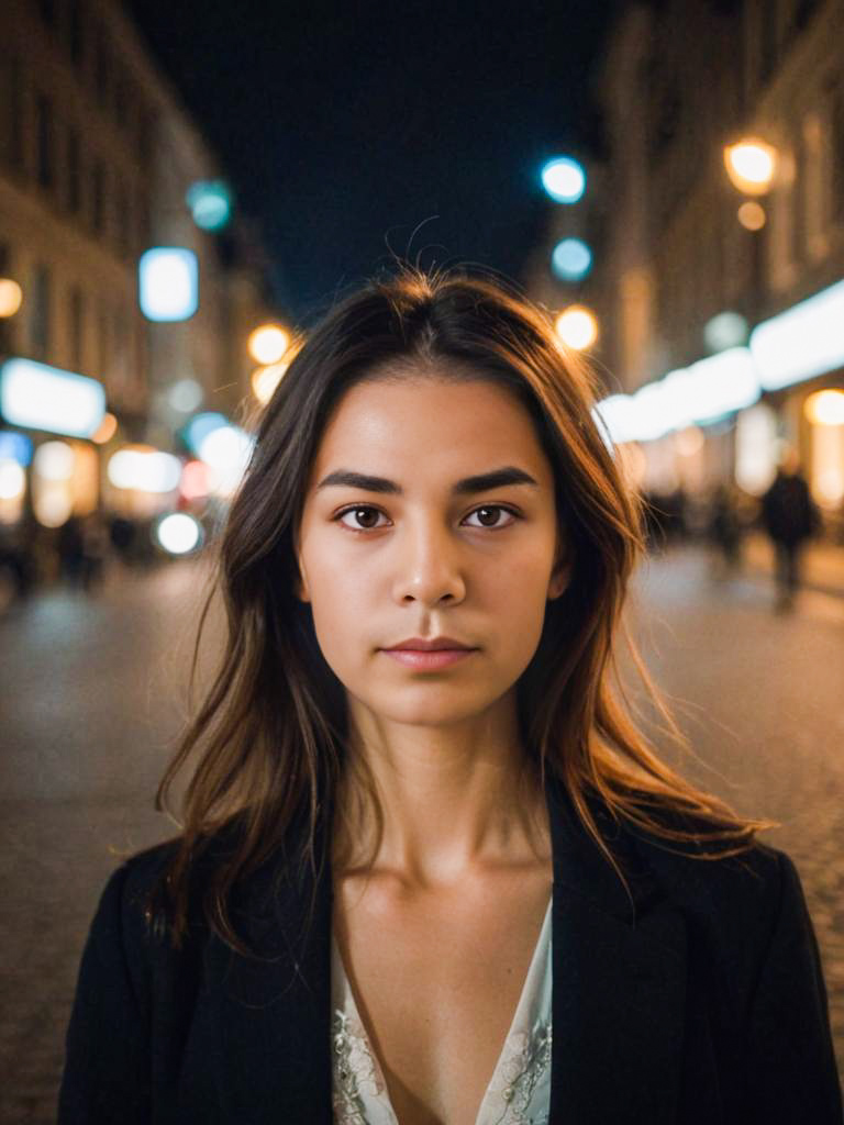 Elegant Woman in Urban Setting with Bokeh Lights