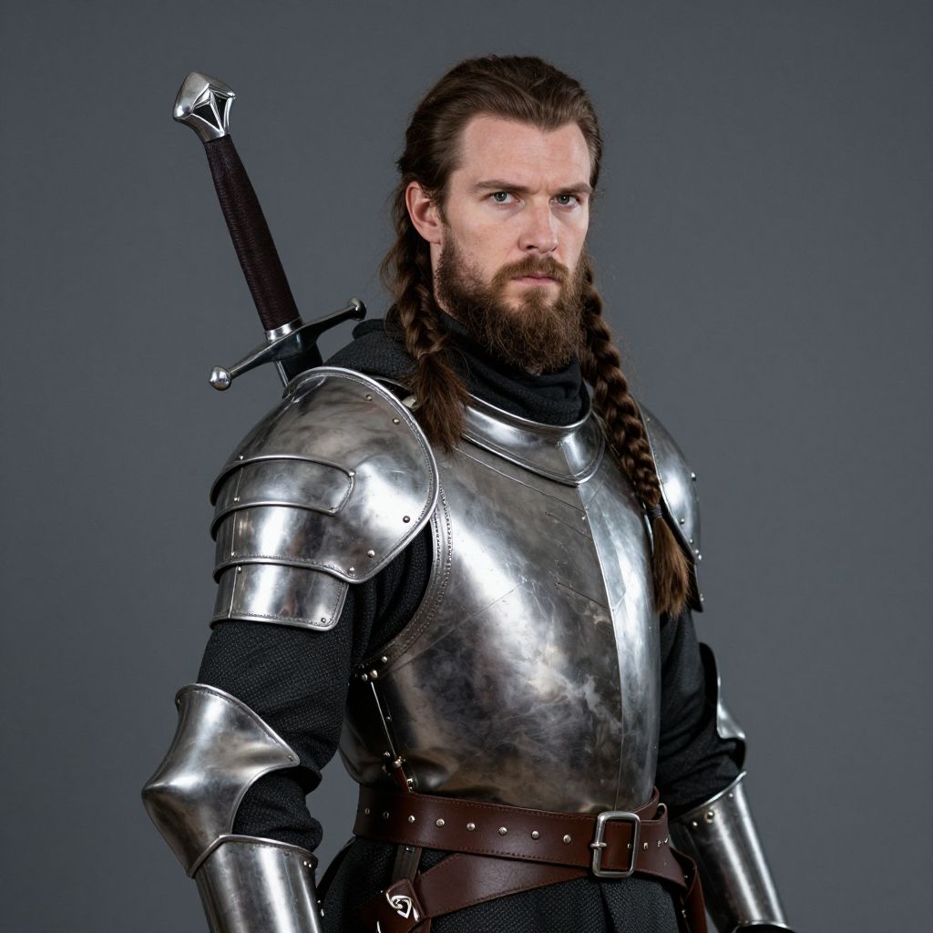 Medieval Knight with Braided Hair in Full Plate Armor Holding Sword