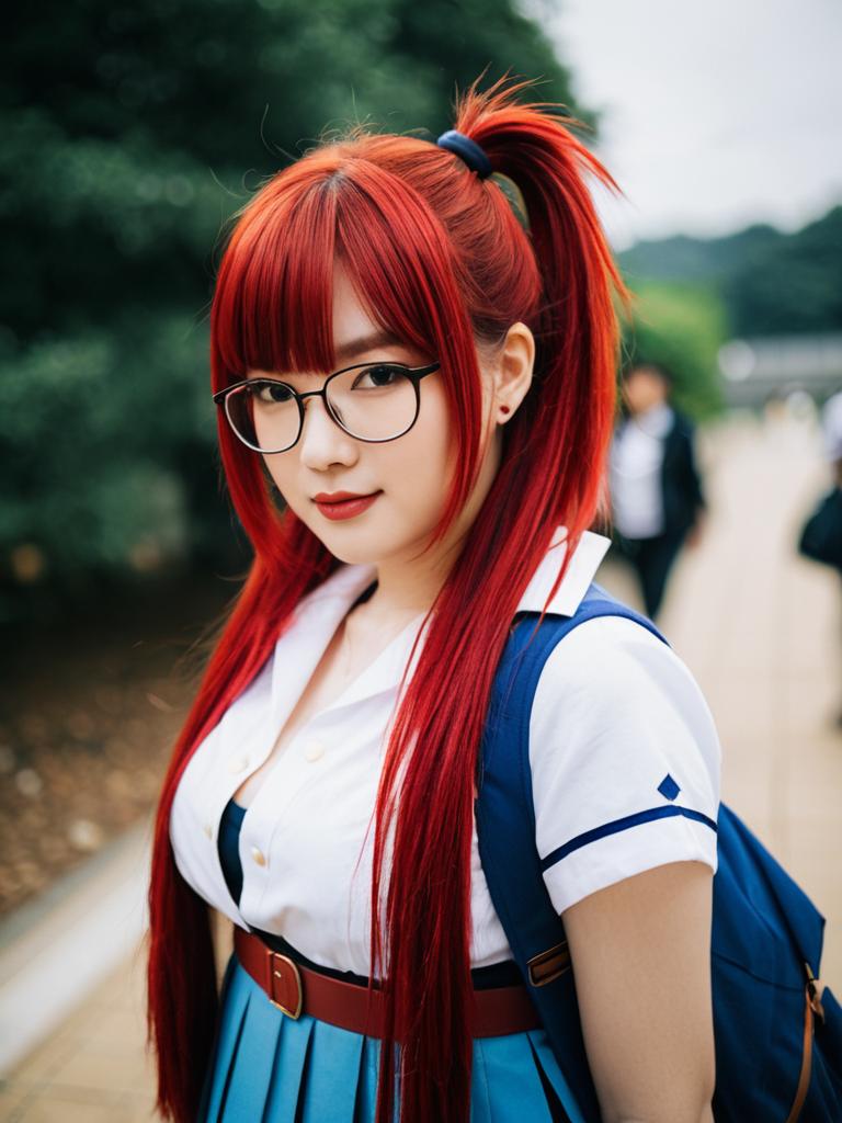 Aozaki Touko Cosplay Portrait with Red Hair and Glasses in School Uniform