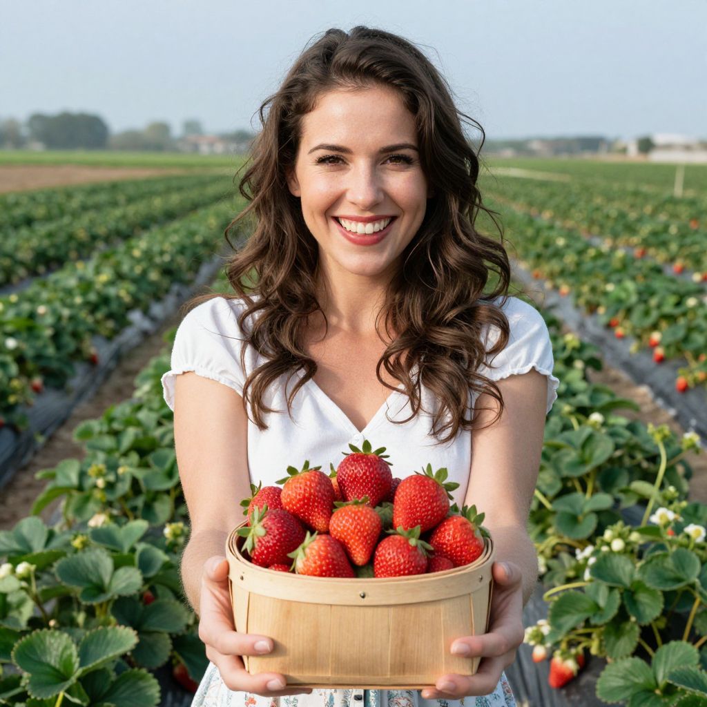 Happy Woman Holding Basket of Fresh Strawberries in Strawberry Field