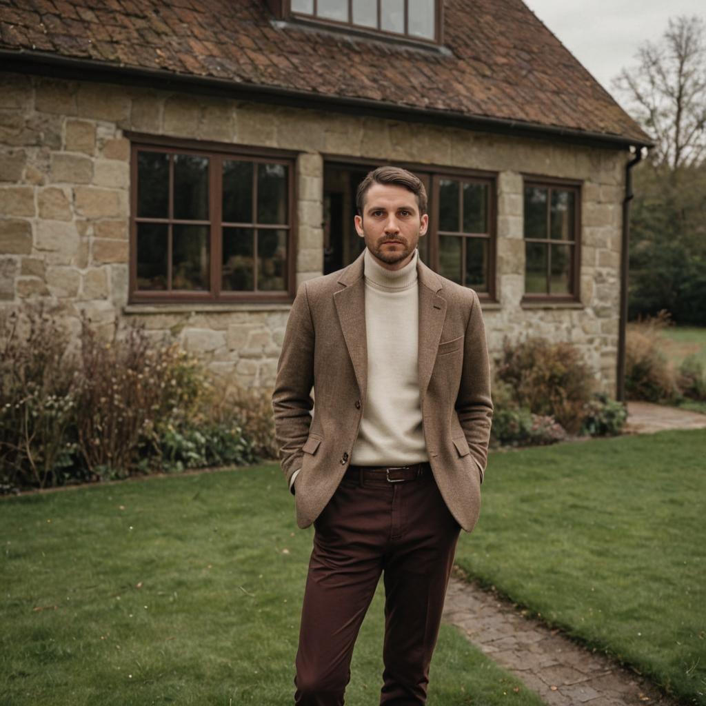 Confident Man in Earth-Toned Blazer by Rustic Stone House