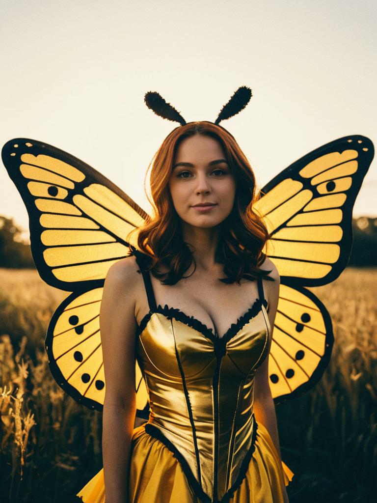 Woman in Yellow Butterfly Costume Outdoor Cosplay Portrait Golden Hour