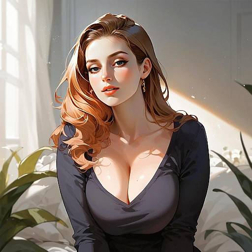 Elegant Digital Anime Artwork of Woman with Auburn Hair and Blue Eyes