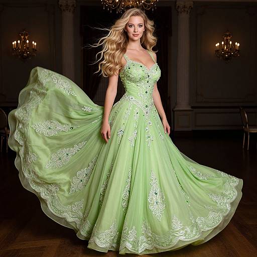 Elegant Woman in Light Green Embroidered Ball Gown Dress