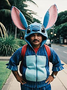 Man in Playful Blue Costume Hoodie on Sidewalk