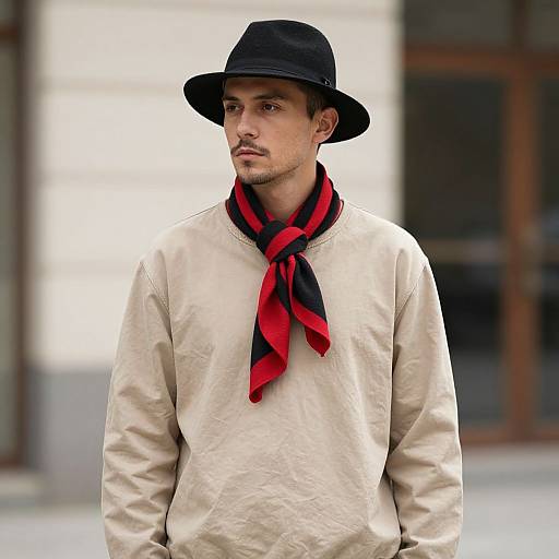 Man Wearing Black Hat and Red Black Striped Scarf with Beige Shirt