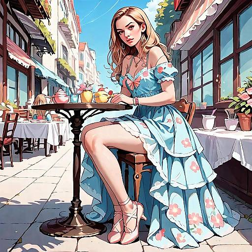 Stylish Woman in Blue Floral Dress Sitting at Outdoor Café Digital Illustration