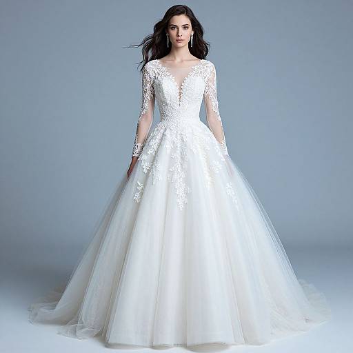 Elegant Lace Long Sleeve Bridal Gown with Tulle Skirt