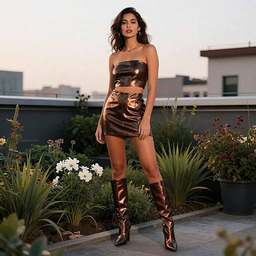 Trendy Gen Z Woman in Metallic Bronze Outfit on Rooftop Garden