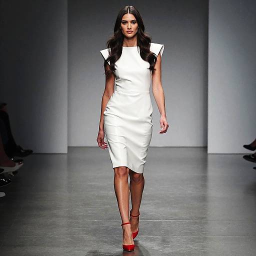 Woman Walking Runway in White Fitted Dress and Red Heels
