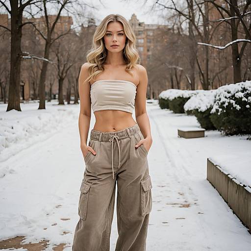 Stylish Woman in Crop Top and Cargo Pants in Snowy Urban Park
