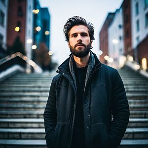 Confident Man on Urban Stairs at Twilight