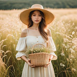 Young Woman in Straw Hat with Wildflowers