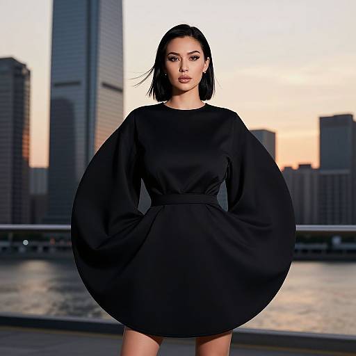 Woman in Modern Black Dress with Voluminous Sleeves Urban Sunset