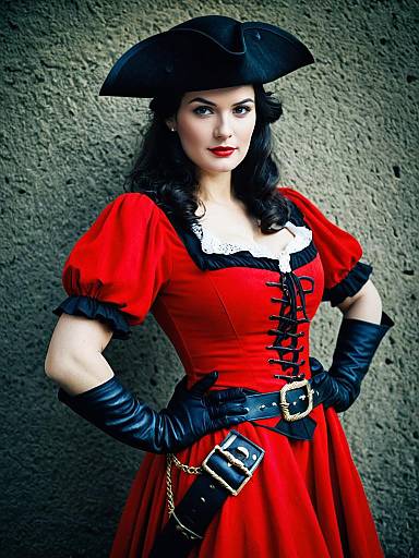 Woman in Red Swashbuckler Costume with Black Tricorn Hat and Leather Gloves