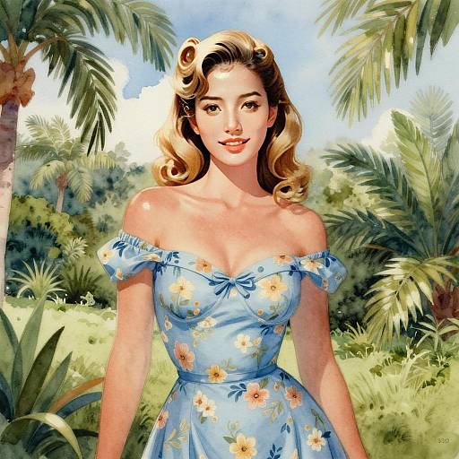 Vintage Style Portrait of Woman in Floral Dress Outdoors