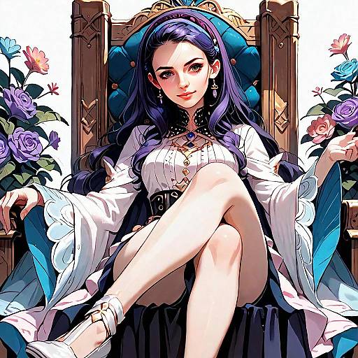 Anime Style Woman Sitting on Throne with Purple Hair and Floral Surroundings