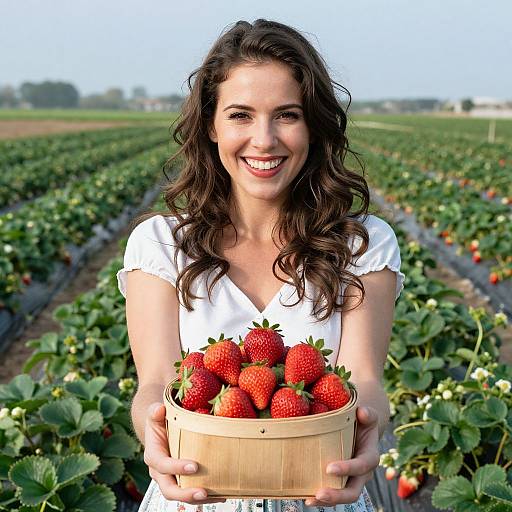 Happy Woman Holding Basket of Fresh Strawberries in Strawberry Field