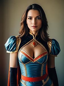 Woman in Blue and Gold Fantasy Costume Waist Up Editorial Portrait