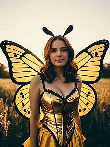 Woman in Yellow Butterfly Costume Outdoor Cosplay Portrait Golden Hour