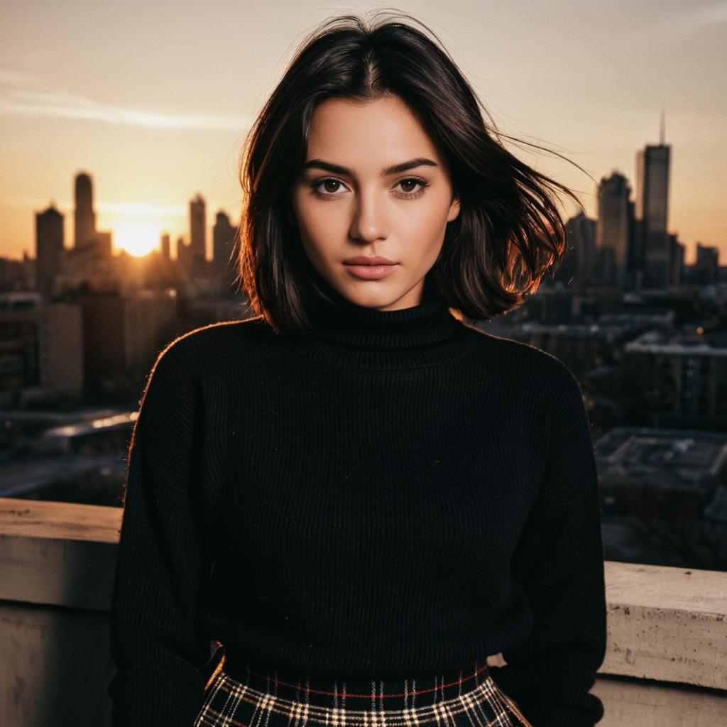 Young Woman on Rooftop at Sunset