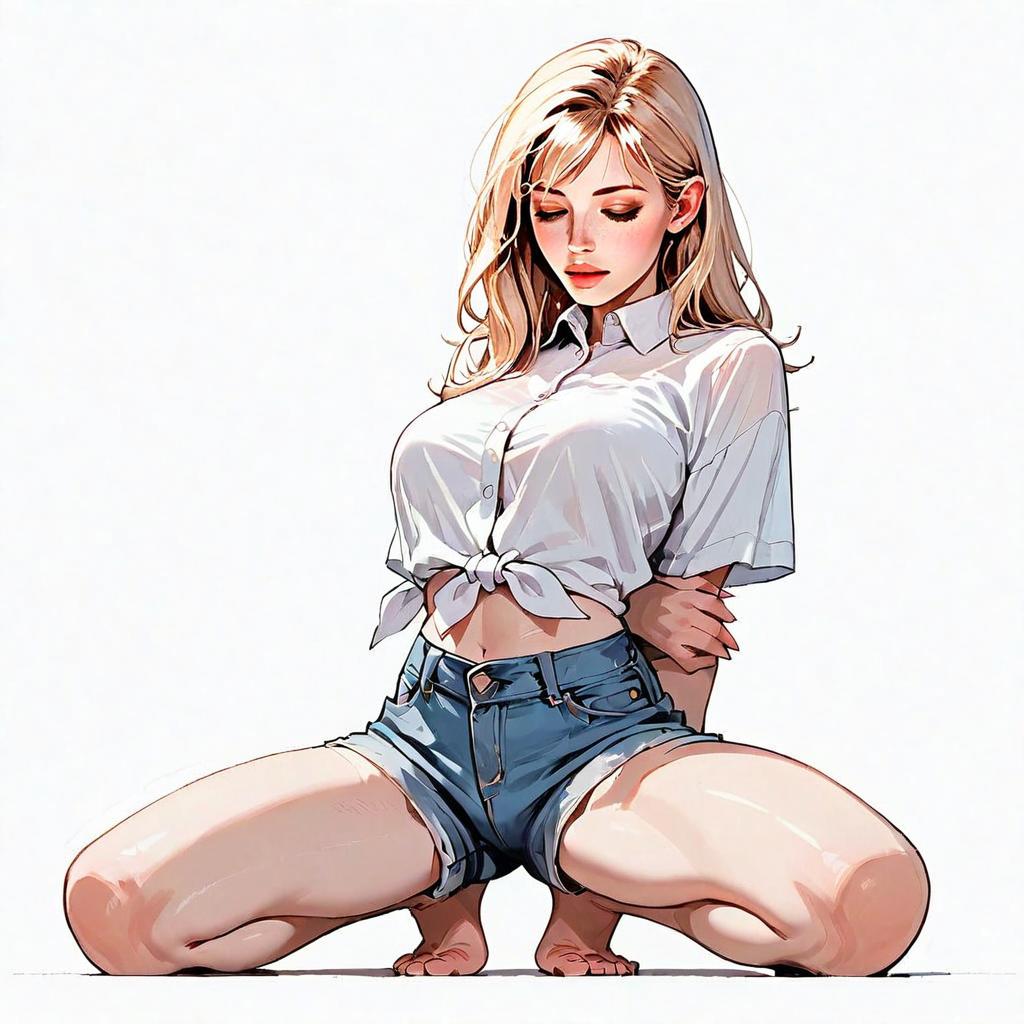 Anime Style Illustration of Blonde Woman in White Shirt and Denim Shorts