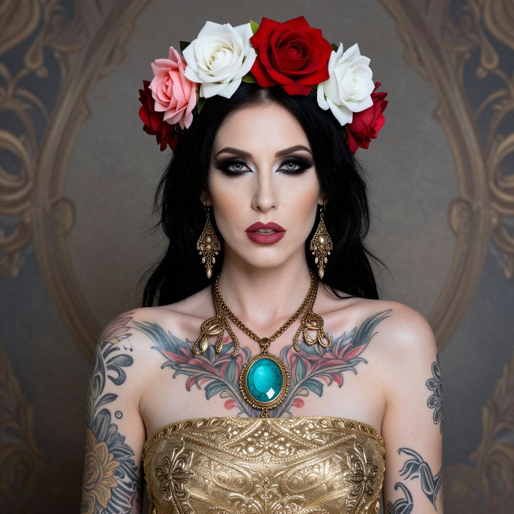Woman with Floral Crown and Turquoise Jewelry in Ornate Vintage Portrait