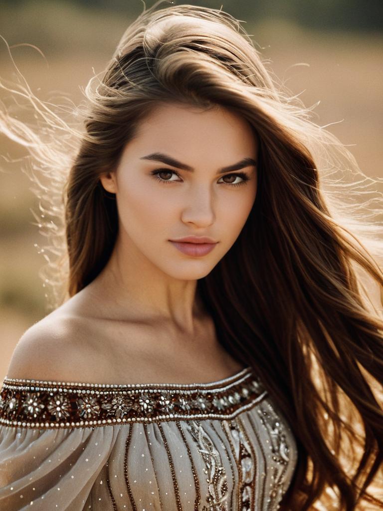 Portrait of Beautiful Woman with Flowing Hair in Embroidered Off-Shoulder Blouse Portrait of Beautiful Woman with Flowing Hair in Embroidered Off-Shoulder Blouse