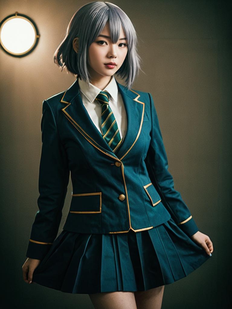 Realistic Cosplay Woman Character Wearing Kaede Costume in Teal School Uniform