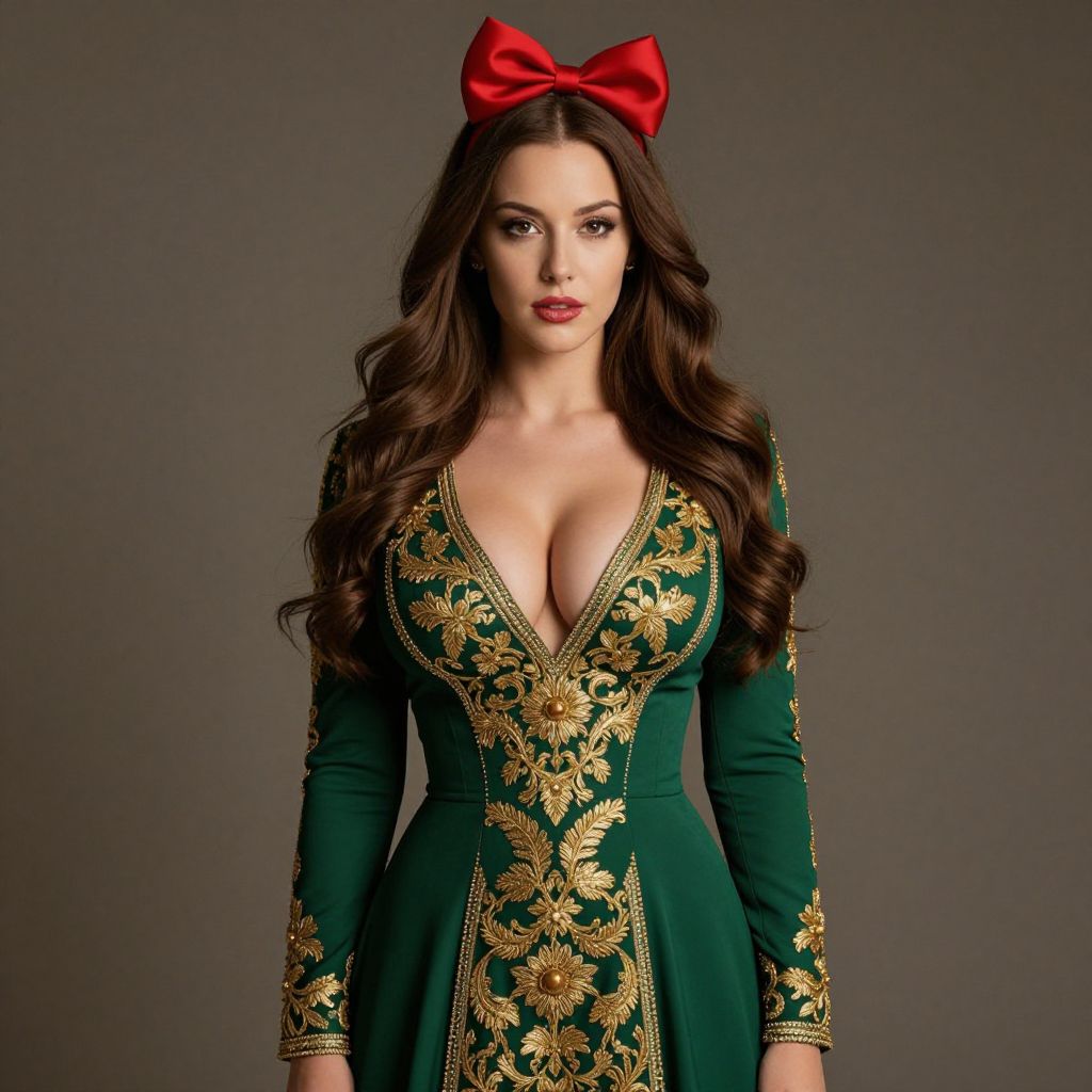 Elegant Woman in Green Embroidered Dress with Red Bow