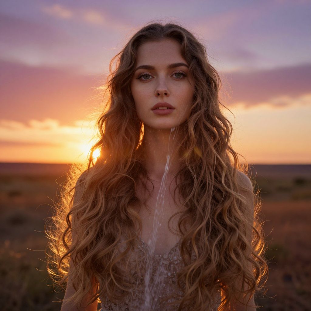 Portrait of Woman with Long Curly Hair at Sunset