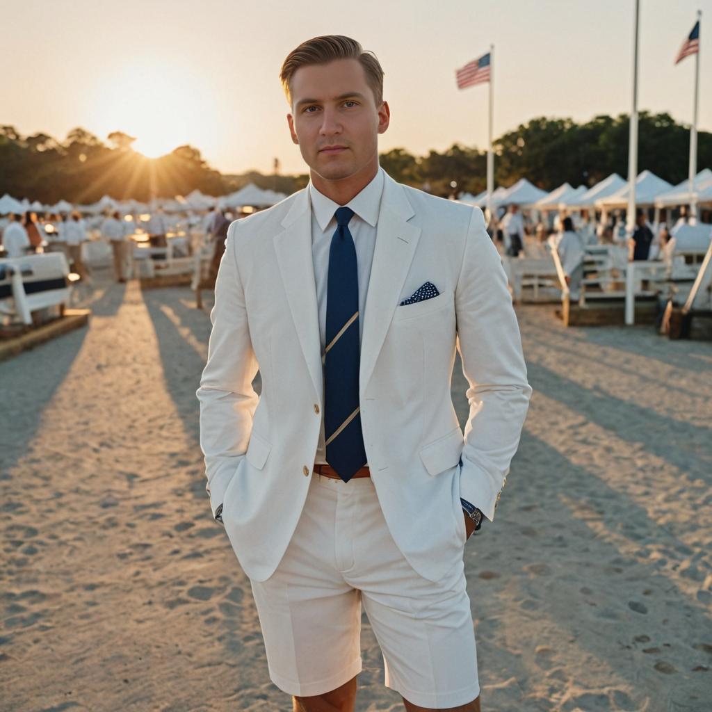 Stylish Man in White Suit at Vibrant Sunset Event