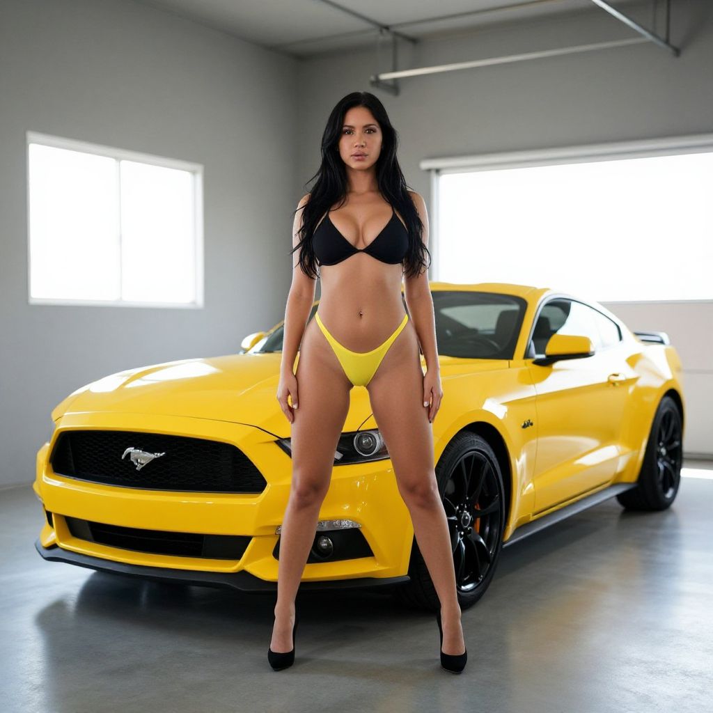 Woman in Black and Yellow Bikini Posing Beside Yellow Ford Mustang in Garage