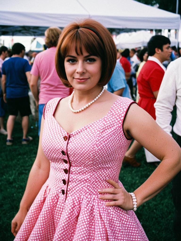 Woman in Austin Powers Pink Dress Costume at Outdoor Cosplay Event