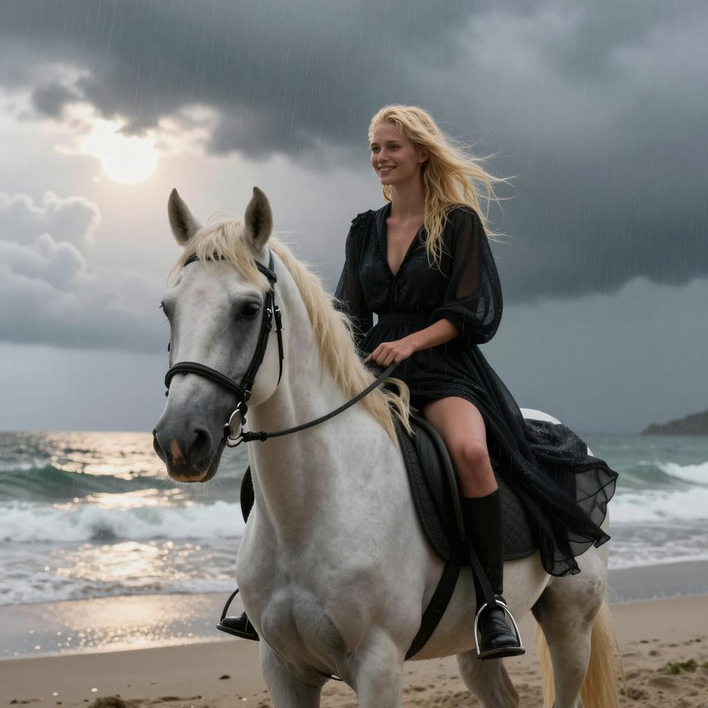Ominous Blonde Woman Riding White Horse on Rainy Beach at Bright Day