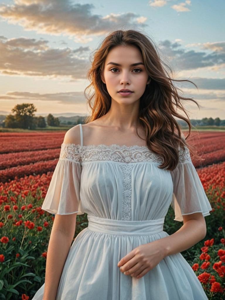 Woman in White Dress in Vibrant Flower Field at Sunset