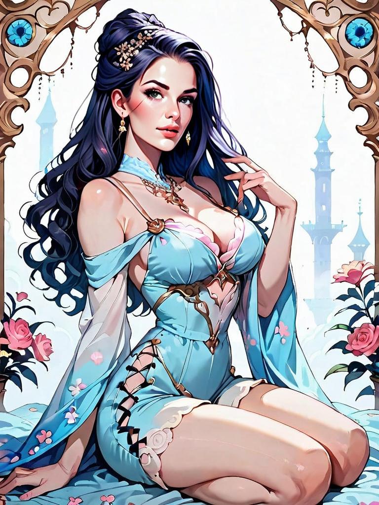 Fantasy Woman in Elegant Blue Gown Full Body Digital Illustration
