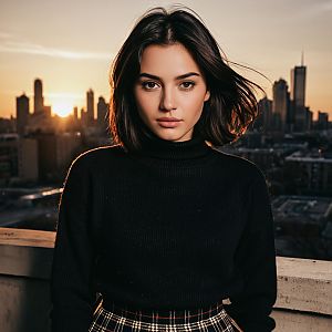 Young Woman on Rooftop at Sunset