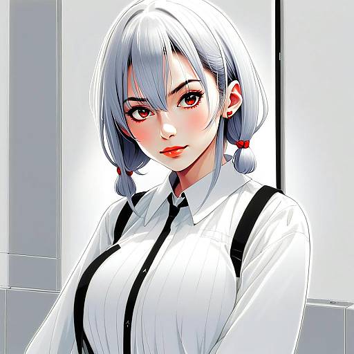 Anime Illustration of Woman with Silver Hair and Red Eyes in Business Attire