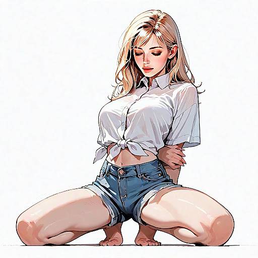 Anime Style Illustration of Blonde Woman in White Shirt and Denim Shorts