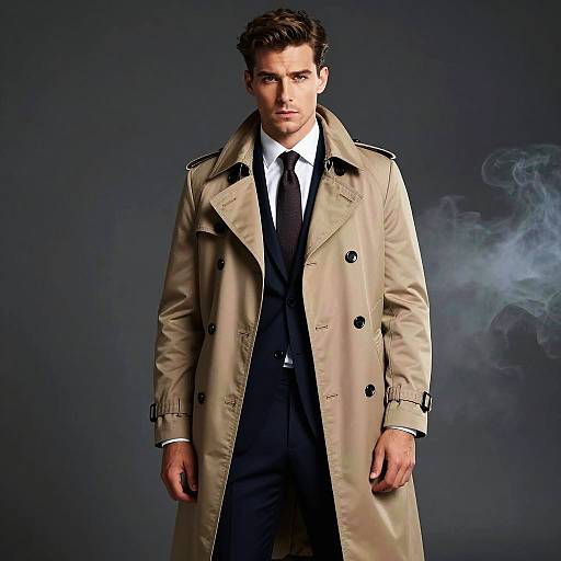 Stylish Man Wearing Classic Beige Trench Coat Over Navy Suit