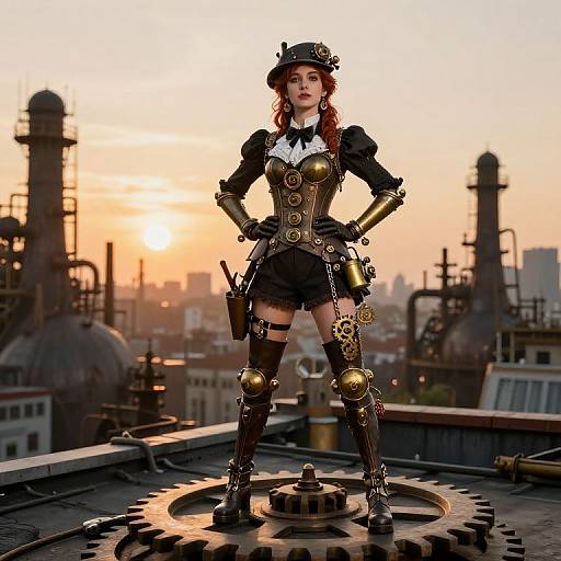 Steampunk Woman in Brass and Leather Outfit on Industrial Rooftop at Sunset