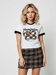 Woman in Casual Streetwear T-Shirt with Faded Black Graphic Snake and Brown Plaid Skirt