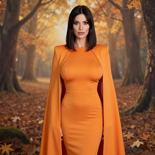Elegant Woman in Orange Dress Standing in Autumn Forest