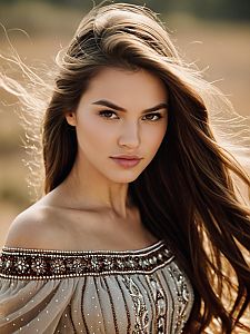Portrait of Beautiful Woman with Flowing Hair in Embroidered Off-Shoulder Blouse